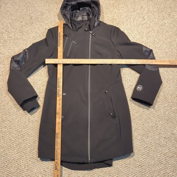 Michael Kors Softshell Puffer Coat Jacket Womens Small Black Hood Full Zip - Picture 2 of 9